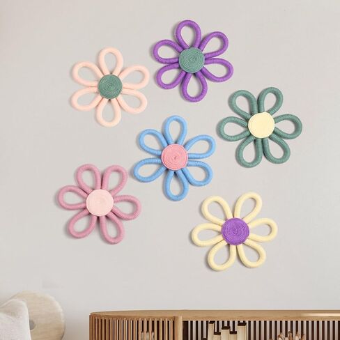 RIPENG 6 PCS BOHO DECREDER for Girl 6 Inch Woven Daisy Flower Macrame Wall Hanging Bohemian Wall Decore Daisy Decery for Baby Girls Kids Home Bedroom ( in Kuwait