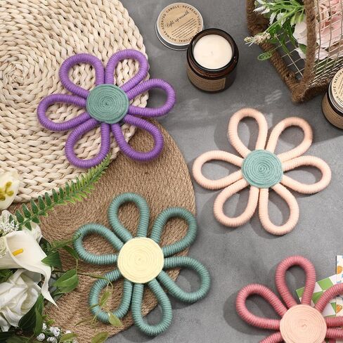 RIPENG 6 PCS BOHO DECREDER for Girl 6 Inch Woven Daisy Flower Macrame Wall Hanging Bohemian Wall Decore Daisy Decery for Baby Girls Kids Home Bedroom ( in Kuwait