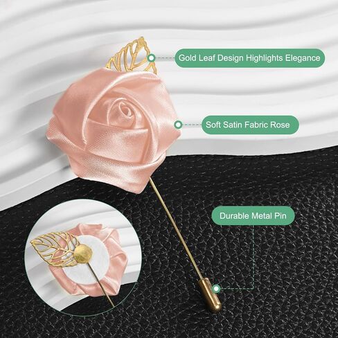 48-Pack Flower Lapel Pins for Men, Golden Leaf Rose Boutonnieres Pin Groom Boutonnieres for Wedding/Dance/Party, Men Lapel Pins for Suits Satin Flower Corsage [Pink] in Saudi Arabia