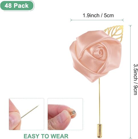 48-Pack Flower Lapel Pins for Men, Golden Leaf Rose Boutonnieres Pin Groom Boutonnieres for Wedding/Dance/Party, Men Lapel Pins for Suits Satin Flower Corsage [Pink] in Saudi Arabia