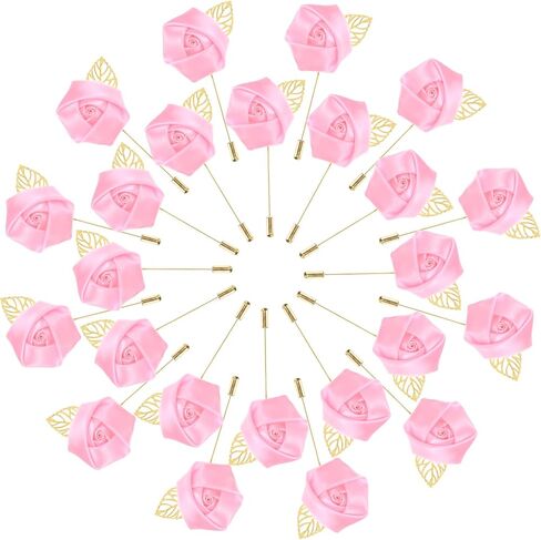 48-Pack Flower Lapel Pins for Men, Golden Leaf Rose Boutonnieres Pin Groom Boutonnieres for Wedding/Dance/Party, Men Lapel Pins for Suits Satin Flower Corsage [Pink] in Saudi Arabia