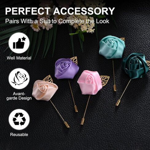 48-Pack Flower Lapel Pins for Men, Golden Leaf Rose Boutonnieres Pin Groom Boutonnieres for Wedding/Dance/Party, Men Lapel Pins for Suits Satin Flower Corsage [Pink] in Saudi Arabia