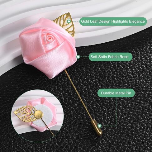 48-Pack Flower Lapel Pins for Men, Golden Leaf Rose Boutonnieres Pin Groom Boutonnieres for Wedding/Dance/Party, Men Lapel Pins for Suits Satin Flower Corsage [Pink] in Saudi Arabia