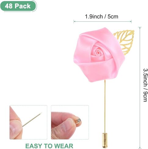 48-Pack Flower Lapel Pins for Men, Golden Leaf Rose Boutonnieres Pin Groom Boutonnieres for Wedding/Dance/Party, Men Lapel Pins for Suits Satin Flower Corsage [Pink] in Saudi Arabia