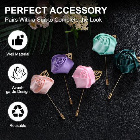 48-Pack Flower Lapel Pins for Men, Golden Leaf Rose Boutonnieres Pin Groom Boutonnieres for Wedding/Dance/Party, Men Lapel Pins for Suits Satin Flower Corsage [Pink] in Saudi Arabia
