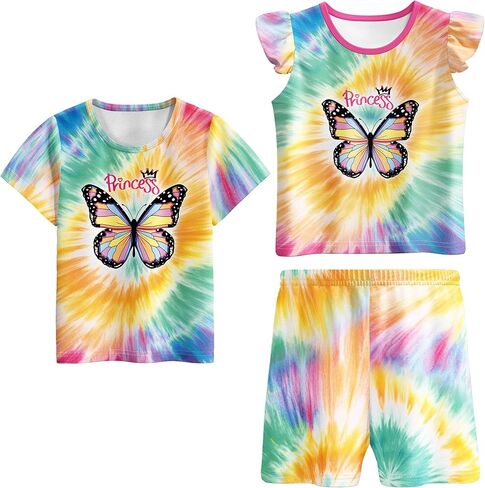 LQSZ 3Pcs Girls Pajamas Set Toddler Kids Short Ruffle Sleeve Sleepwear 3-10Y Pjs Set in Saudi Arabia