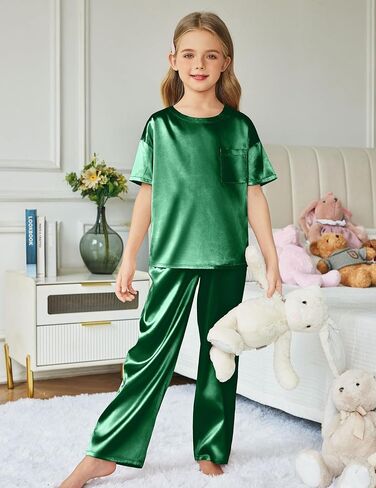 Arshiner Girls' Pajama Sets Satin Pajamas Soft Silk Pjs Short Sleeve Lounge Set Sleepwear in Saudi Arabia