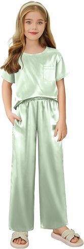 Arshiner Girls' Pajama Sets Satin Pajamas Soft Silk Pjs Short Sleeve Lounge Set Sleepwear in Saudi Arabia