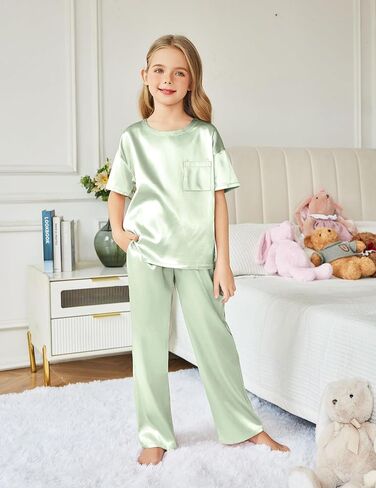 Arshiner Girls' Pajama Sets Satin Pajamas Soft Silk Pjs Short Sleeve Lounge Set Sleepwear in Saudi Arabia