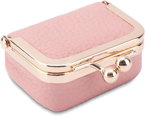Genuine Leather Mini Jewelry Box, Mini Jewelry Travel Case, Small Portable Organizer Storage Pouch, Coin Purse with Kiss Lock for Ring Necklace Earrings Bracelet Perfect Gift for Women Girls (Pink) in Saudi Arabia