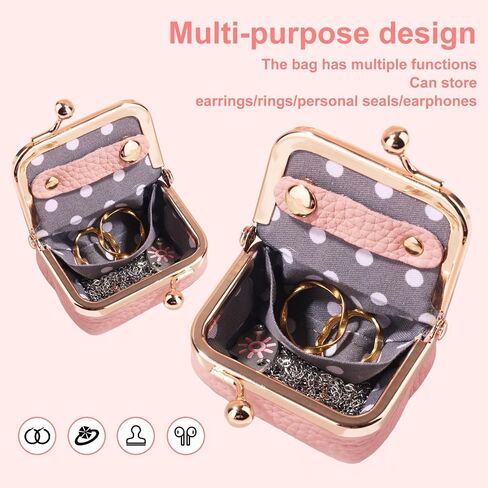 Genuine Leather Mini Jewelry Box, Mini Jewelry Travel Case, Small Portable Organizer Storage Pouch, Coin Purse with Kiss Lock for Ring Necklace Earrings Bracelet Perfect Gift for Women Girls (Pink) in Saudi Arabia