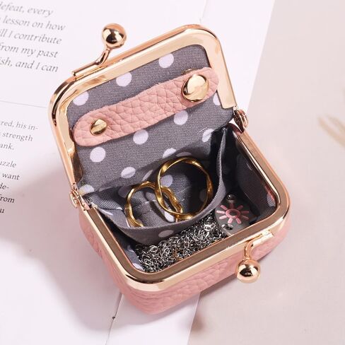 Genuine Leather Mini Jewelry Box, Mini Jewelry Travel Case, Small Portable Organizer Storage Pouch, Coin Purse with Kiss Lock for Ring Necklace Earrings Bracelet Perfect Gift for Women Girls (Pink) in Saudi Arabia