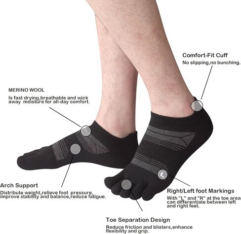 Merino Wool Toe Socks for Men & Women–50% Merino Wool,No Show,Lightweight,Arch Support Hiking Socks,Running,Long Walk in Kuwait