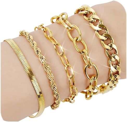 Silver/Gold Bracelets for Women Trendy, Waterproof 18K Real Gold Plated Jewelry Sets Chunky Stackable Cuban Link Paperclip Herringbone Rope Chain Bracelet Pack Fashion Accessories Gifts in Saudi Arabia