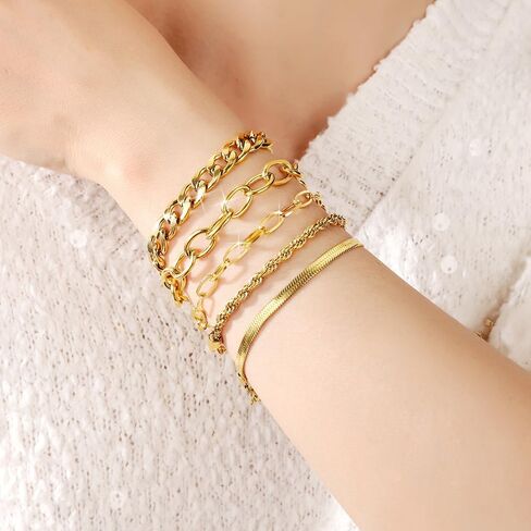 Silver/Gold Bracelets for Women Trendy, Waterproof 18K Real Gold Plated Jewelry Sets Chunky Stackable Cuban Link Paperclip Herringbone Rope Chain Bracelet Pack Fashion Accessories Gifts in Saudi Arabia