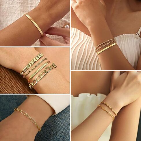 Silver/Gold Bracelets for Women Trendy, Waterproof 18K Real Gold Plated Jewelry Sets Chunky Stackable Cuban Link Paperclip Herringbone Rope Chain Bracelet Pack Fashion Accessories Gifts in Saudi Arabia