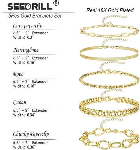 Silver/Gold Bracelets for Women Trendy, Waterproof 18K Real Gold Plated Jewelry Sets Chunky Stackable Cuban Link Paperclip Herringbone Rope Chain Bracelet Pack Fashion Accessories Gifts in Saudi Arabia