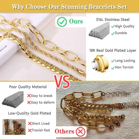 Silver/Gold Bracelets for Women Trendy, Waterproof 18K Real Gold Plated Jewelry Sets Chunky Stackable Cuban Link Paperclip Herringbone Rope Chain Bracelet Pack Fashion Accessories Gifts in Saudi Arabia