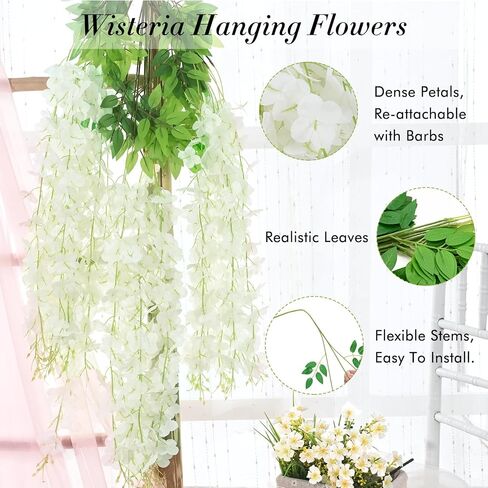 Waipfaru 40 Pack White Wisteria Hanging Flowers, Fake Flowers for Decoration, Artificial Hanging Flowers, Vines for Bedroom, Flower Garland for Home, Party, Wall, Wedding Decoration(3.6 Ft/Pcs) in Saudi Arabia