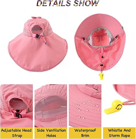 Kids Sun Hat مع رفرف الرقبة حزام الفتيات الفتيان UV حماية الشمس شمس upf 50+ قبعة صيد شاطئ واسعة in Kuwait