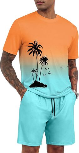 LecGee Men's 2 Piece Short Sleeve Tracksuit Tropical Graphic T Shirt Hawaiian Tee Solid Shorts Set Summer Casual Outfits in Kuwait