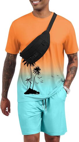 LecGee Men's 2 Piece Short Sleeve Tracksuit Tropical Graphic T Shirt Hawaiian Tee Solid Shorts Set Summer Casual Outfits in Kuwait
