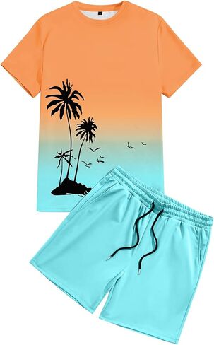LecGee Men's 2 Piece Short Sleeve Tracksuit Tropical Graphic T Shirt Hawaiian Tee Solid Shorts Set Summer Casual Outfits in Kuwait