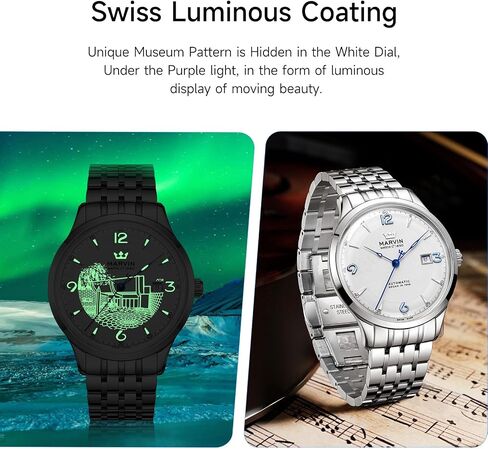 marvin Automatic Watch Swiss Movement Mechanical Luxury Watches for Men with Stainless Steel Band and Sapphire Glass Dial,Luminous Drawing Hands and Hour Markers,50m Waterproof in Saudi Arabia