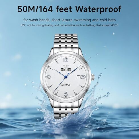 marvin Automatic Watch Swiss Movement Mechanical Luxury Watches for Men with Stainless Steel Band and Sapphire Glass Dial,Luminous Drawing Hands and Hour Markers,50m Waterproof in Saudi Arabia