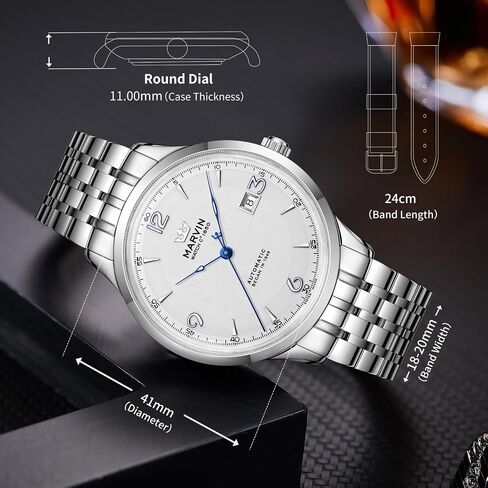 marvin Automatic Watch Swiss Movement Mechanical Luxury Watches for Men with Stainless Steel Band and Sapphire Glass Dial,Luminous Drawing Hands and Hour Markers,50m Waterproof in Saudi Arabia