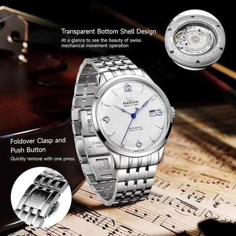 marvin Automatic Watch Swiss Movement Mechanical Luxury Watches for Men with Stainless Steel Band and Sapphire Glass Dial,Luminous Drawing Hands and Hour Markers,50m Waterproof in Saudi Arabia