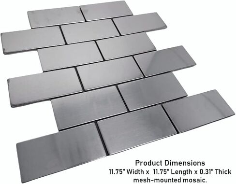 Tenedos 2x4 Brick Subway Stainless Steel Mosaic Tile, Mesh-Mounted for Kitchen Backsplash, Bathroom Wall Accent – Modern Metal Look (1 Sheet) in Kuwait