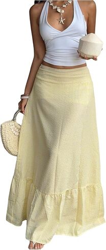 Milumia Women's Striped Ruffle Hem A Line Skirt Mid Waisted Summer Beach Maxi Skirts in Kuwait
