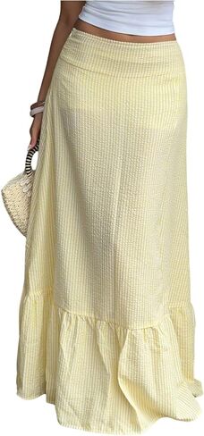SHENHE Women's Striped Maxi Skirt Ruffle Hem A Line Flowy Summer Beach Vacation Long Skirt in Saudi Arabia