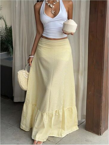 SHENHE Women's Striped Maxi Skirt Ruffle Hem A Line Flowy Summer Beach Vacation Long Skirt in Saudi Arabia