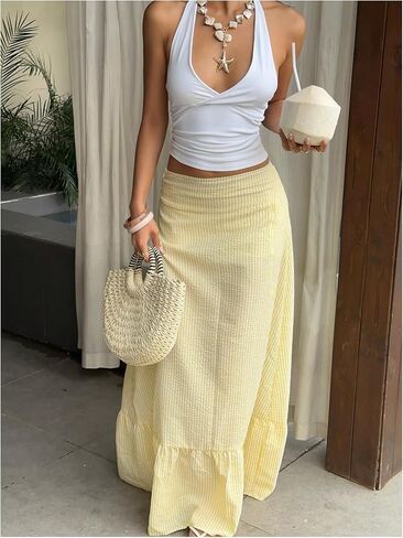 SHENHE Women's Striped Maxi Skirt Ruffle Hem A Line Flowy Summer Beach Vacation Long Skirt in Saudi Arabia