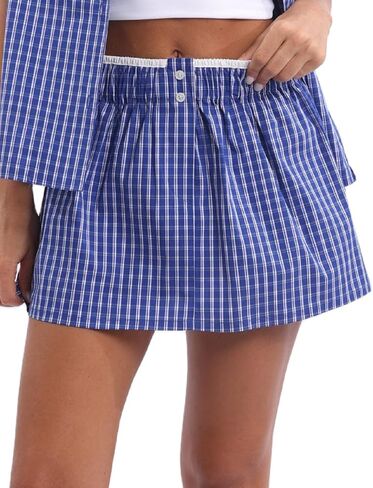 UAURORAO Women Gingham Boxer Skirt Y2k Plaid Checkered Mini Short Skirt E Girls Elastic Waistband Preppy Pencil Skirt in Kuwait
