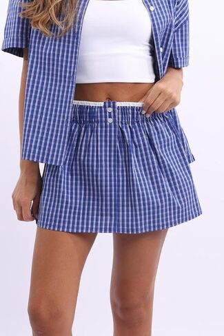UAURORAO Women Gingham Boxer Skirt Y2k Plaid Checkered Mini Short Skirt E Girls Elastic Waistband Preppy Pencil Skirt in Kuwait