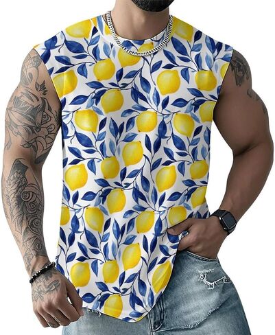 Men's Yellow Lemon Graphics Sleeveless Shirt Quick Dry Workout Swim Gym Muscle Athletic Tank Top Big and Tall in Kuwait