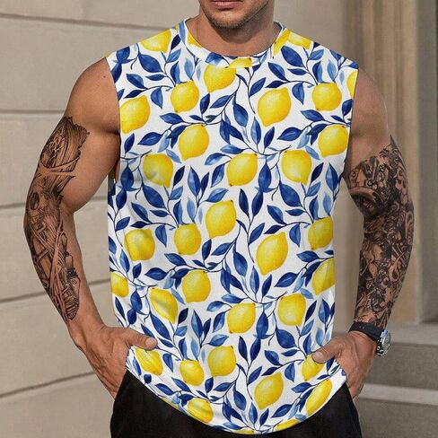 Men's Yellow Lemon Graphics Sleeveless Shirt Quick Dry Workout Swim Gym Muscle Athletic Tank Top Big and Tall in Kuwait