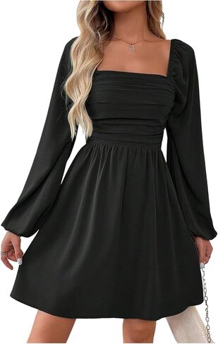 Floerns Women's Lantern Long Sleeve Mini Dress Square Neck Ruched A Line Dress in Saudi Arabia