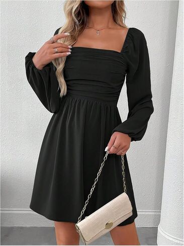 Floerns Women's Lantern Long Sleeve Mini Dress Square Neck Ruched A Line Dress in Saudi Arabia