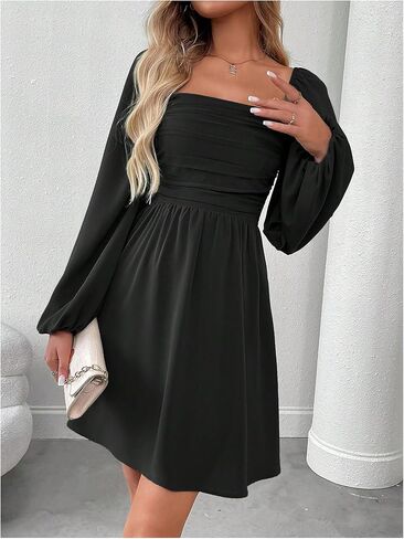 Floerns Women's Lantern Long Sleeve Mini Dress Square Neck Ruched A Line Dress in Saudi Arabia