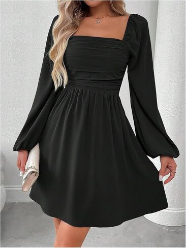 Floerns Women's Lantern Long Sleeve Mini Dress Square Neck Ruched A Line Dress in Saudi Arabia