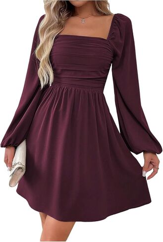 Floerns Women's Lantern Long Sleeve Mini Dress Square Neck Ruched A Line Dress in Saudi Arabia