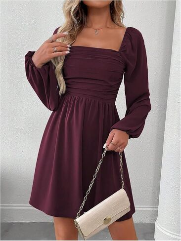 Floerns Women's Lantern Long Sleeve Mini Dress Square Neck Ruched A Line Dress in Saudi Arabia