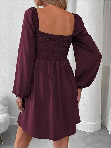Floerns Women's Lantern Long Sleeve Mini Dress Square Neck Ruched A Line Dress in Saudi Arabia