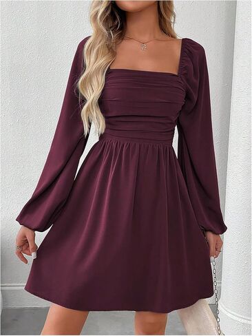 Floerns Women's Lantern Long Sleeve Mini Dress Square Neck Ruched A Line Dress in Saudi Arabia
