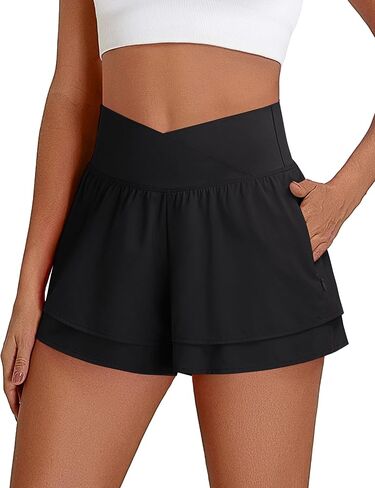 BMJL Womens Athletic Running Shorts High Waisted Crossover Workout Short with Pocket 3" in Saudi Arabia