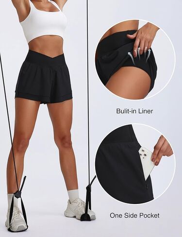 BMJL Womens Athletic Running Shorts High Waisted Crossover Workout Short with Pocket 3" in Saudi Arabia